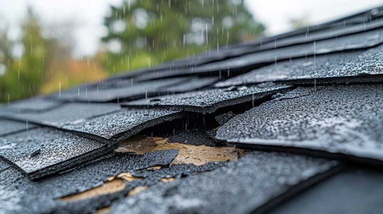 Person clearing leaves from a residential gutter beside a shingled roof in autumn